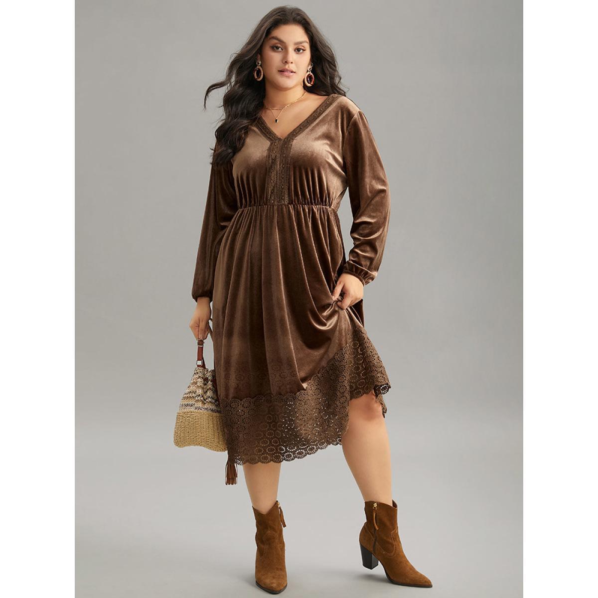 Plus Size Plain Velvet Elastic Waist Patchwork Lace Dress DarkBrown Women Vacation Velvet V-neck Long Sleeve Curvy Midi Dress BloomChic 30/6X Product Image