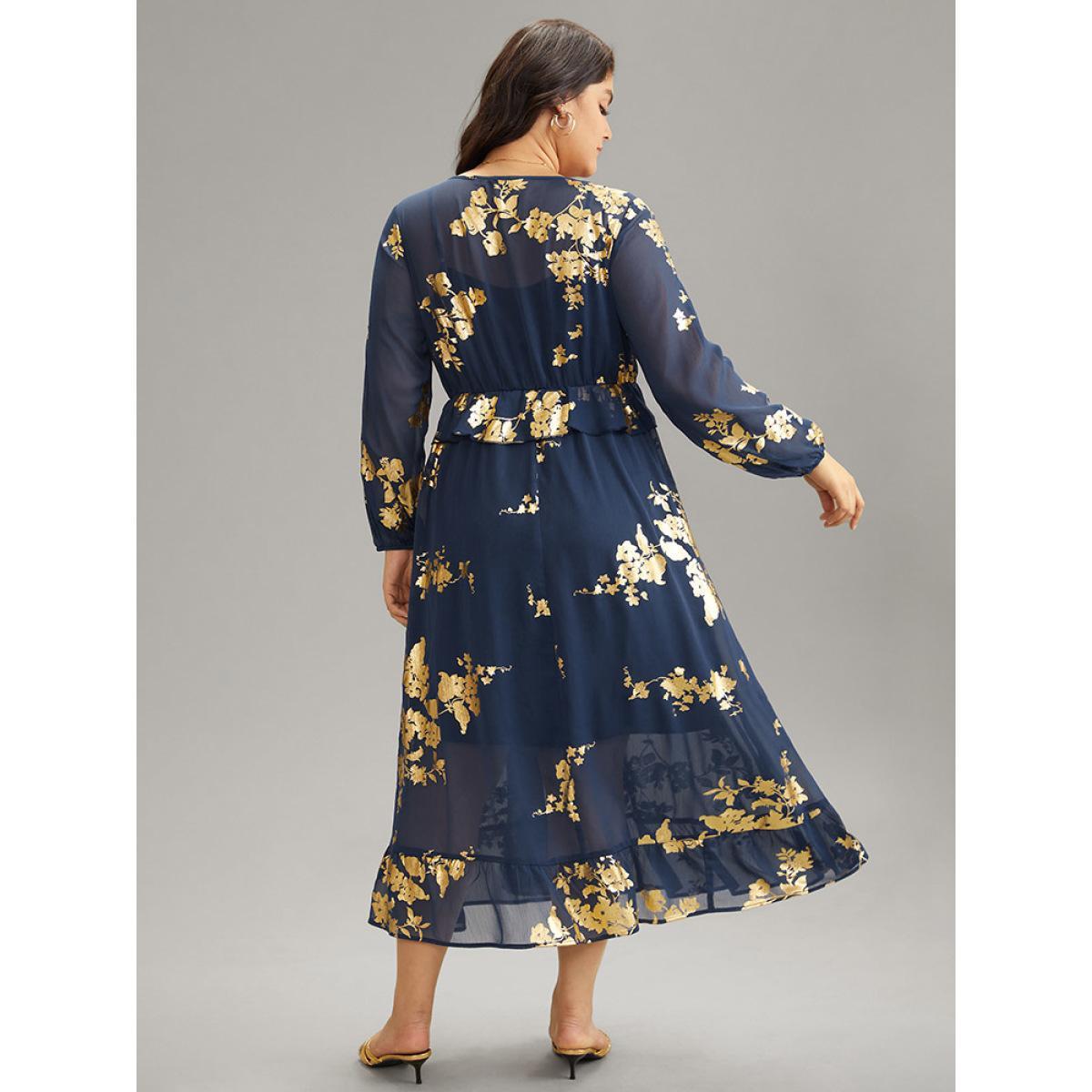 Plus Size Silhouette Floral Print Ruffles Ties Mesh Gathered Dress Navy Women Elegant Elastic cuffs Tie Neck Long Sleeve Curvy Midi Dress BloomChic 12/L Product Image