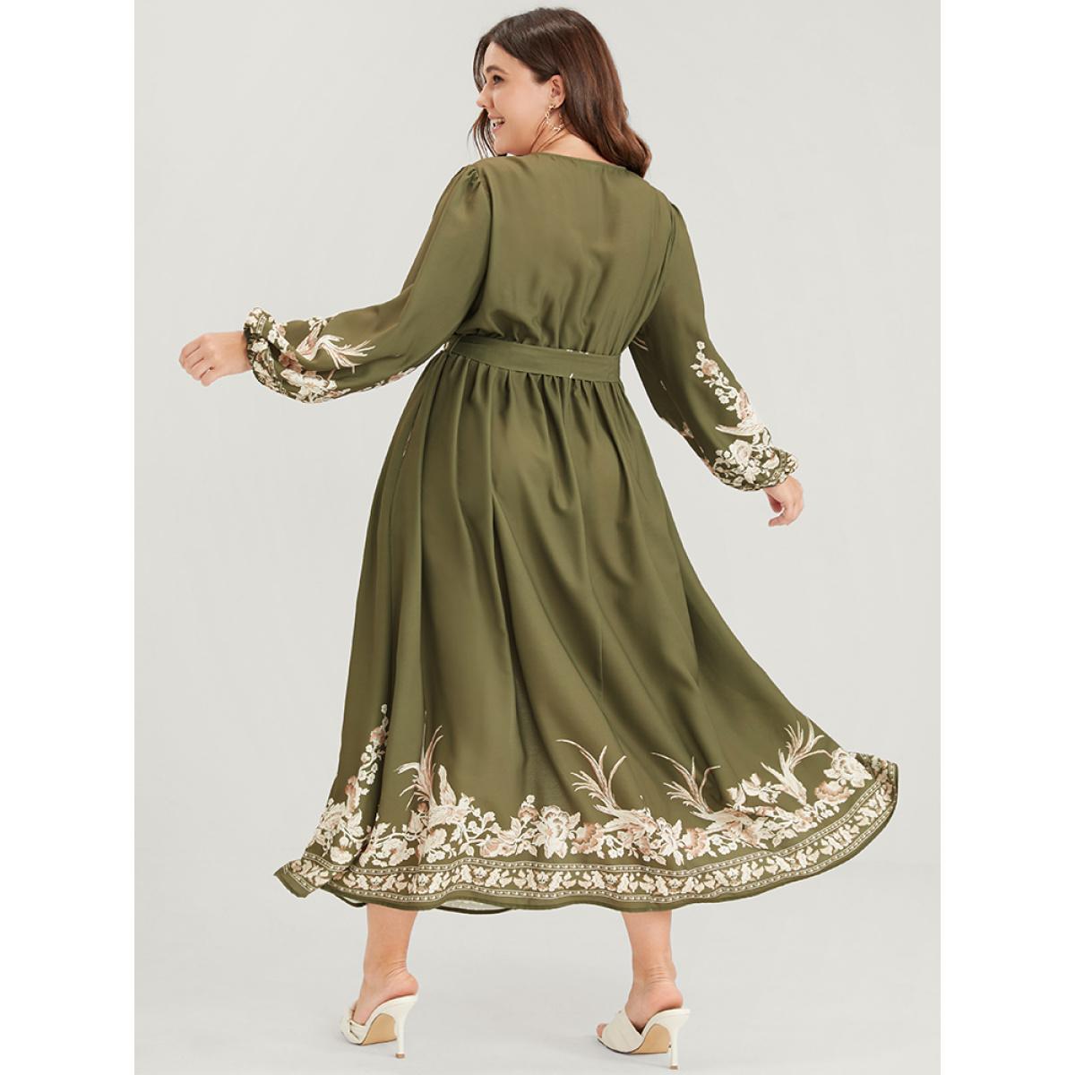Plus Size Floral Button Split Lantern Sleeve Belted Pocket Wrap Dress ArmyGreen Women Vacation Embroidered V-neck Long Sleeve Curvy Long Dress BloomChic 10/M Product Image