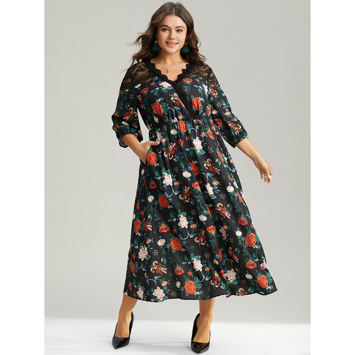 Plus Size Floral Crochet Lace Mesh Overlap Collar Dress Black Women Office Elastic cuffs Overlap Collar Elbow-length sleeve Curvy Midi Dress BloomChic 30/6X Product Image