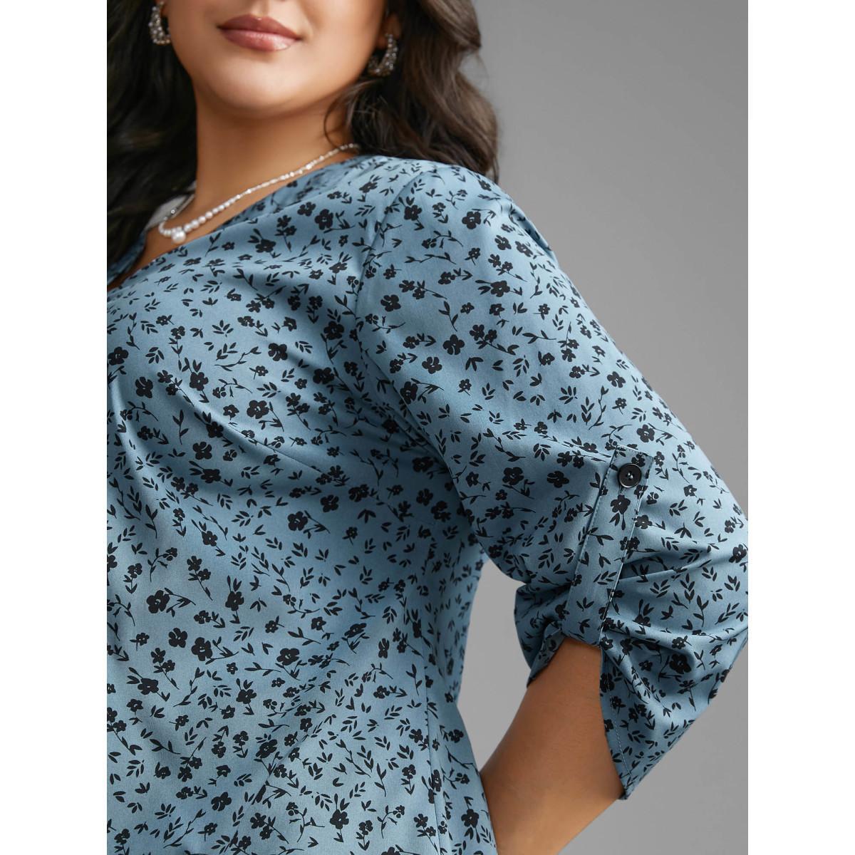 Plus Size Stone Ditsy Floral Button Cuff Sleeve Pleated Blouse Women Elegant Long Sleeve Flat collar with V-notch Everyday Blouses BloomChic 30/6X Product Image