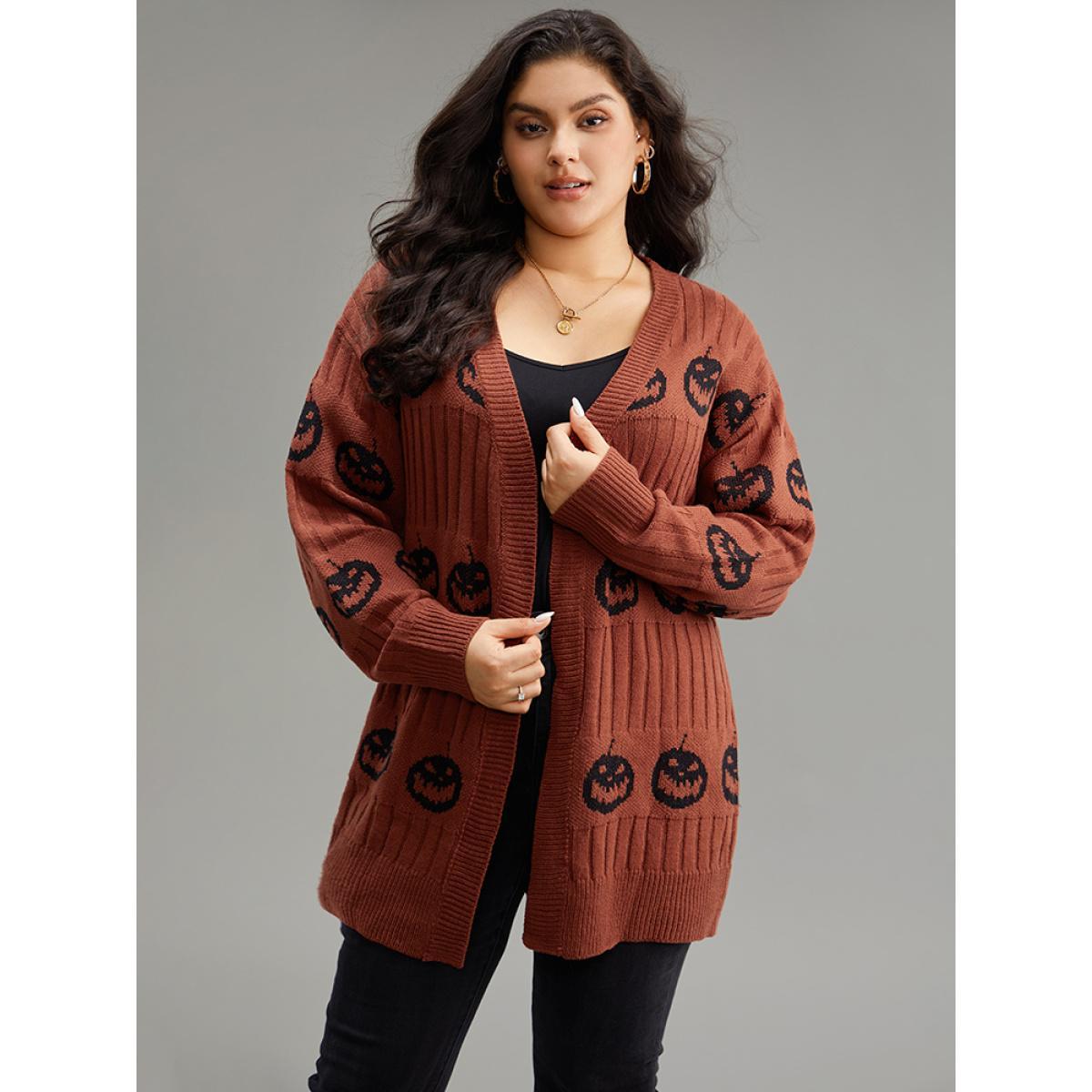 Plus Size Halloween Pumpkin Graphic Open Front Cardigan Rust Women Casual Loose Long Sleeve Festival-Halloween Cardigans BloomChic 30/6X Product Image