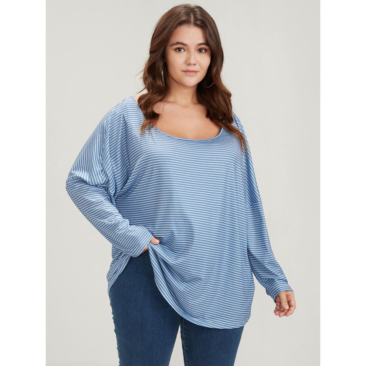 Plus Size Striped Print Scoop Neck Long Tee Blue Women Casual Striped Scoop Neck Loose Dailywear T-shirts BloomChic 30/6X Product Image