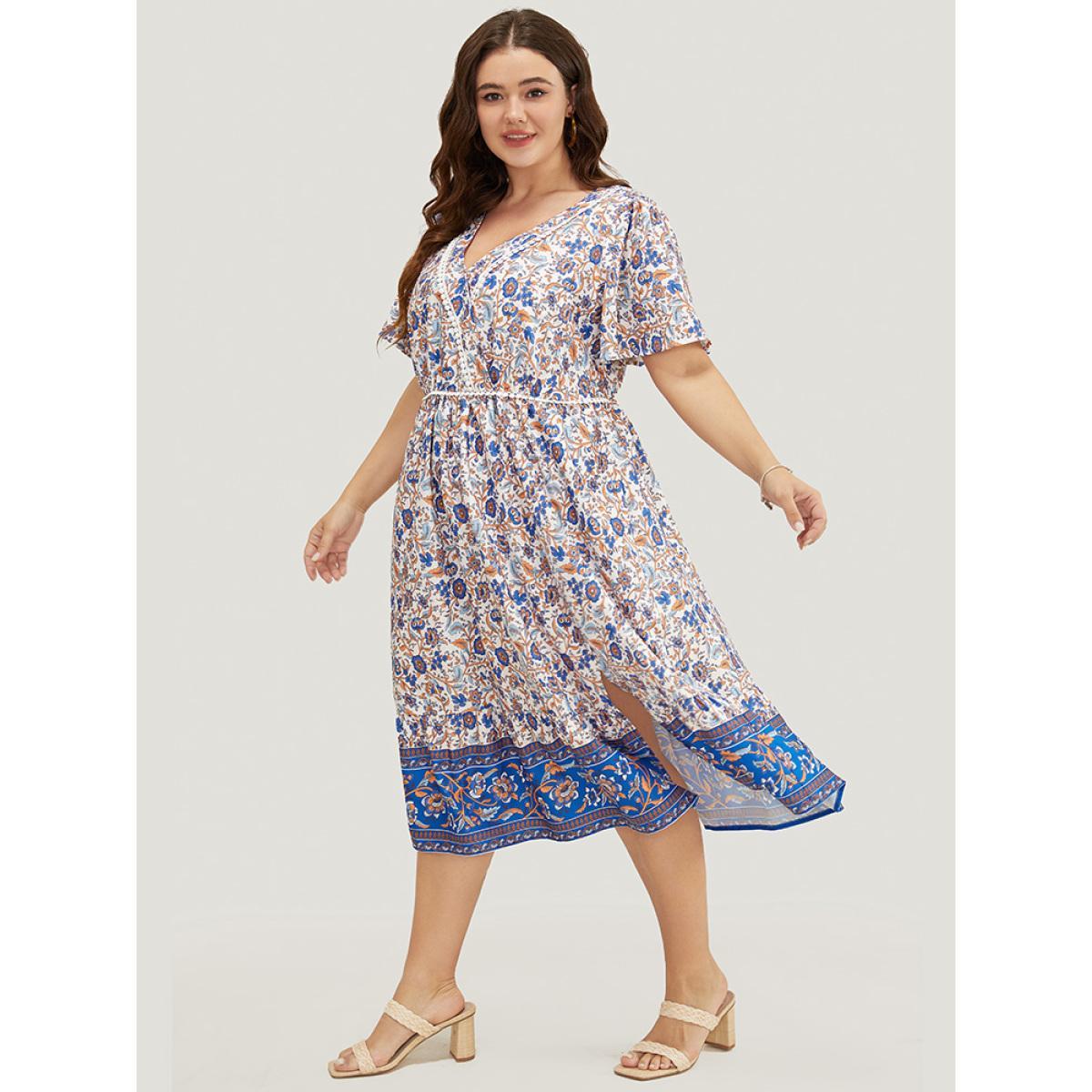 Plus Size Bandana Print Pocket Pompom Trim Wrap Split Ruffle Dress Cerulean Women Vacation Printed V-neck Short sleeve Curvy Midi Dress BloomChic 14-16/1X Product Image
