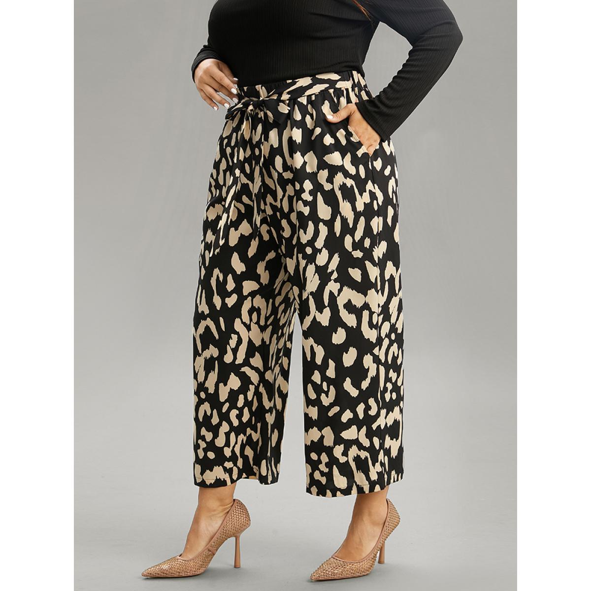 Plus Size Leopard Elastic Waist Ties Wide Leg Pants Women Black Casual Wide Leg High Rise Dailywear Pants BloomChic 26/4X Product Image