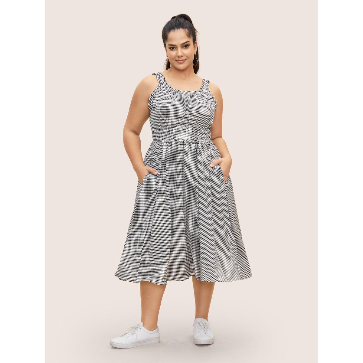 Plus Size Gingham Frill Trim Gathered Midi Dress Black Women Casual Gathered Round Neck Sleeveless Curvy BloomChic 18-20/2X Product Image