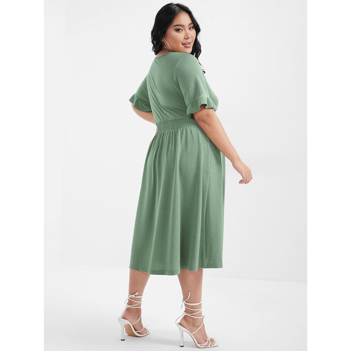 Plus Size Solid Shirred Ruffles Button V Neck Midi Dress LightGreen Women Elegant Gathered V-neck Short sleeve Curvy Midi Dress BloomChic 12/L Product Image