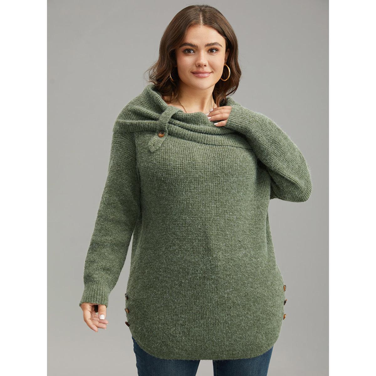 Plus Size Anti-Pilling Lapel Collar Adjustable Button Pullover Moss Women Casual Loose Long Sleeve Lapel Collar Dailywear Pullovers BloomChic 28/5X Product Image
