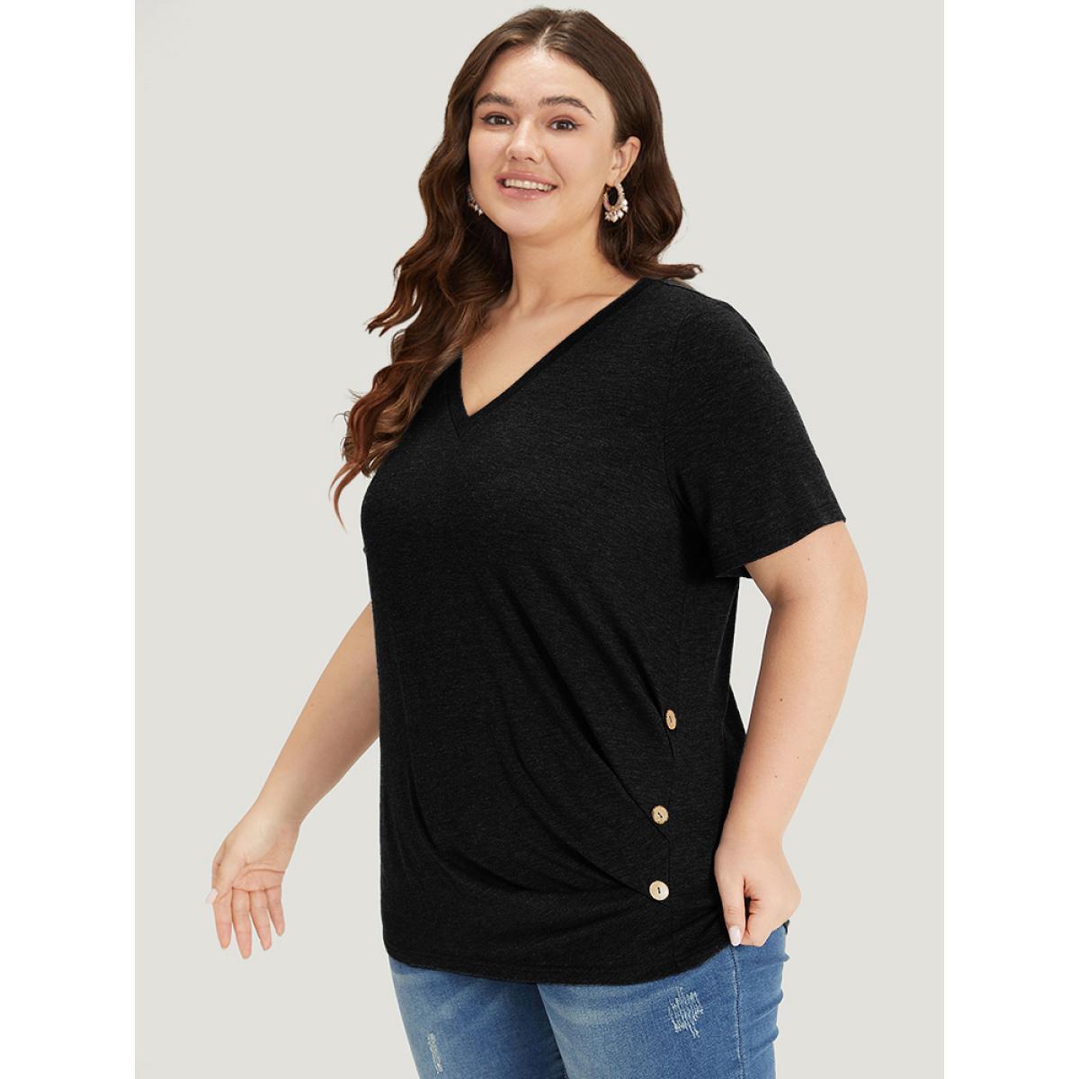 Plus Size Heather Plicated Detail V Neck Button Detail T-shirt Black Women Casual Plain Plain V-neck Dailywear T-shirts BloomChic 10/M Product Image