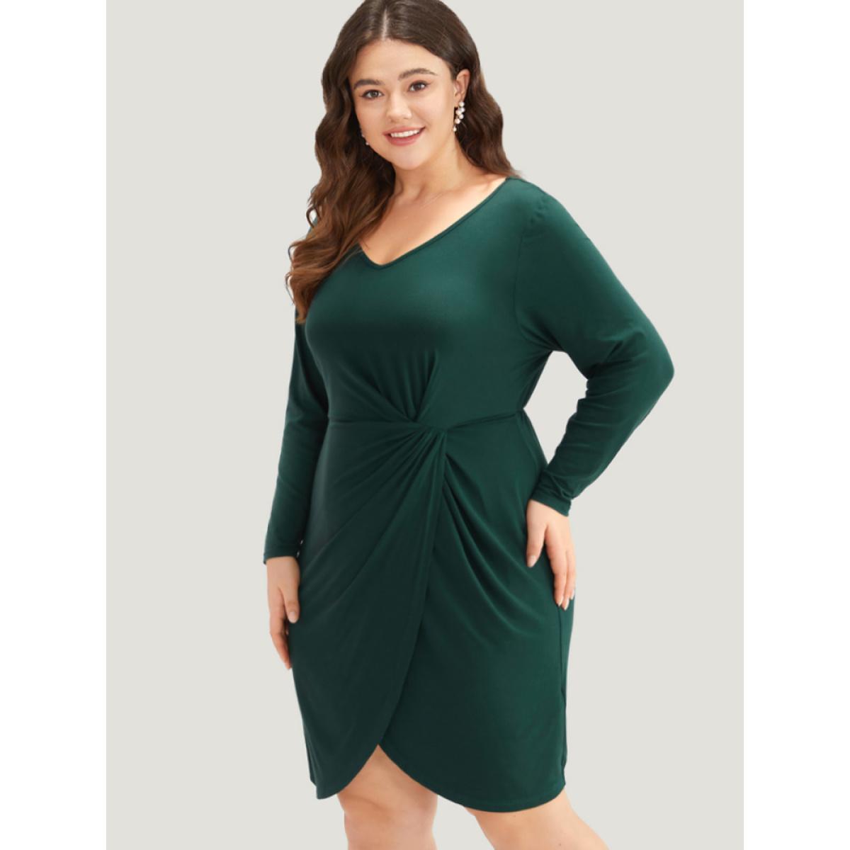 Plus Size Solid Wrap Twist Front V Neck Dress DarkGreen Women Casual Wrap V-neck Long Sleeve Curvy Knee Dress BloomChic 12/L Product Image