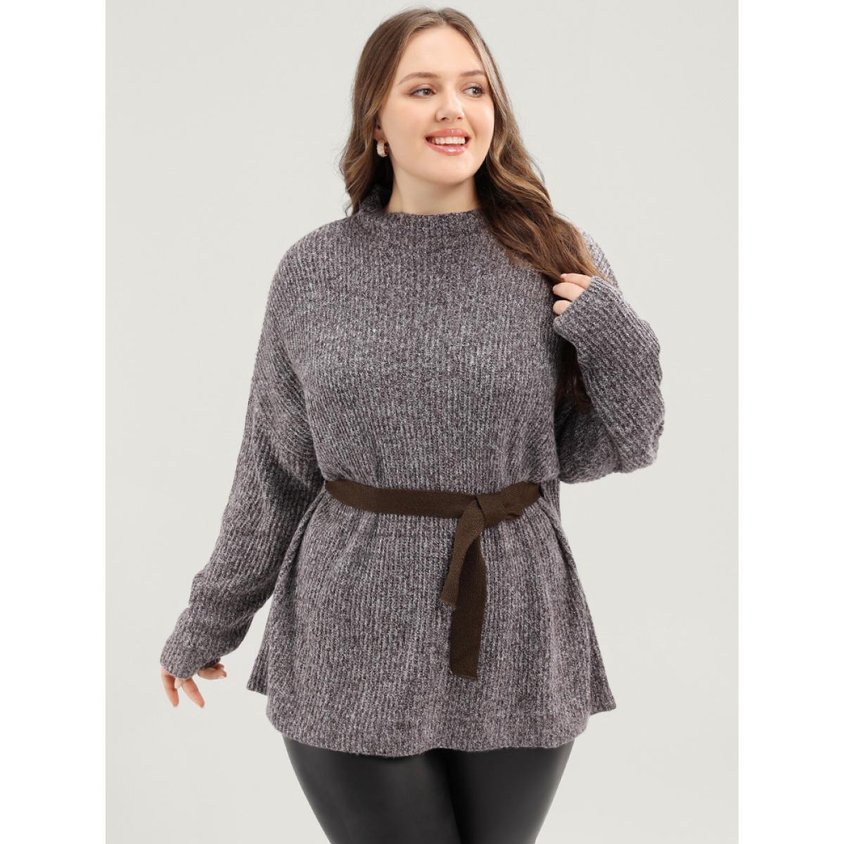 Plus Size Solid Pointelle Knit Mock Neck Belted Heather Knit Top Brown Women Casual Long Sleeve Mock Neck Dailywear Pullovers BloomChic 26/4X Product Image