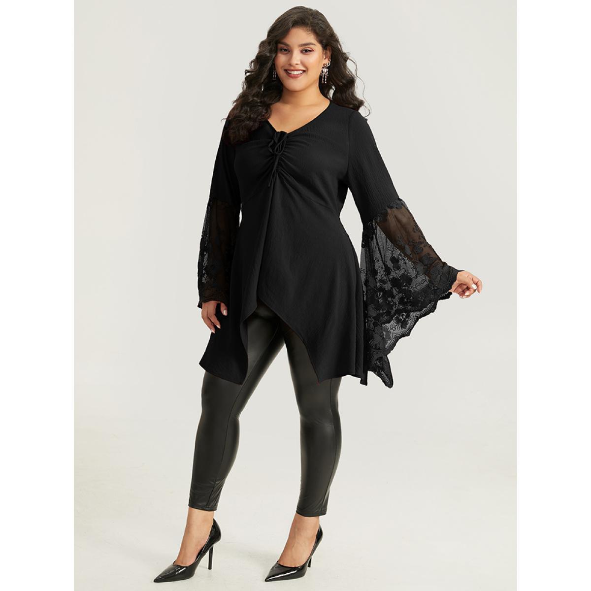 Plus Size Black Halloween Solid Mesh Bell Sleeve Ruched Bowknot Blouse Women Elegant Long Sleeve V-neck Festival-Halloween Blouses BloomChic 22-24/3X Product Image