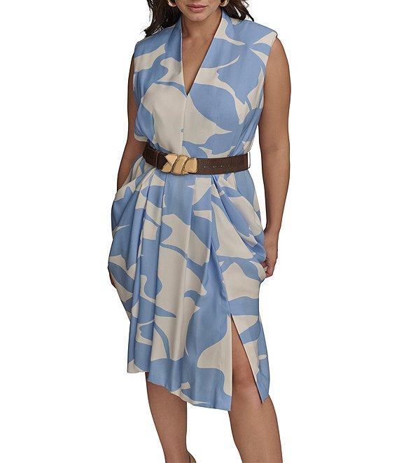 Donna Karan Plus Size Dot Crepe V-Neck Sleeveless Belted Sheath Midi Dress Product Image