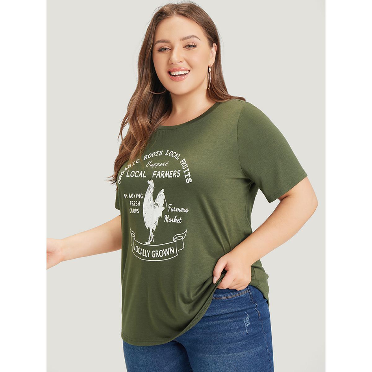 Plus Size Letter & Animal Print Crew Neck Heather Graphic Tee ArmyGreen Women Casual Printed Western Dailywear T-shirts BloomChic 10/M Product Image