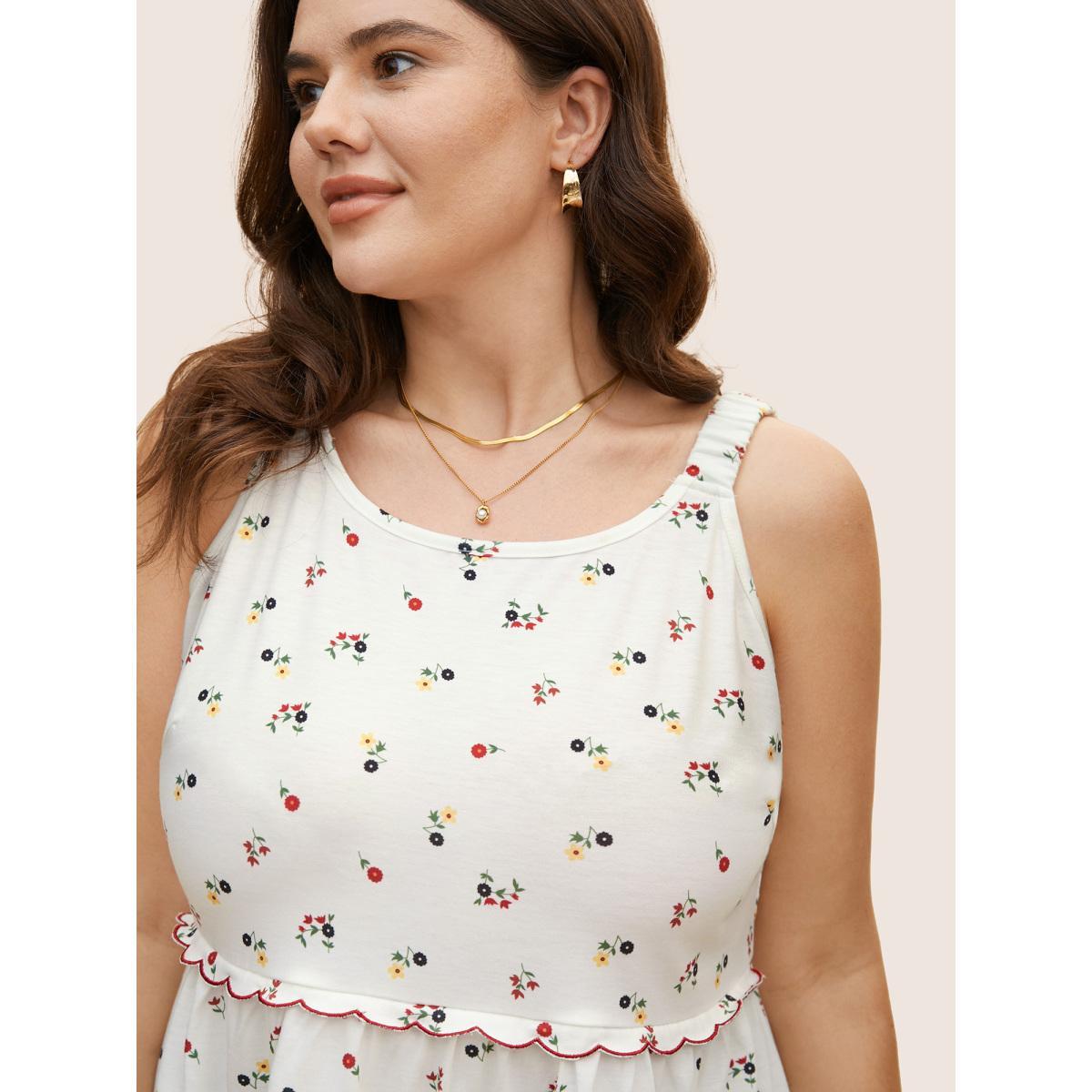 Plus Size Ditsy Floral Tiered Hem Scalloped Trim Cami Top Women Originalwhite Elegant Contrast Non Everyday Tank Tops Camis BloomChic 22-24/3X Product Image