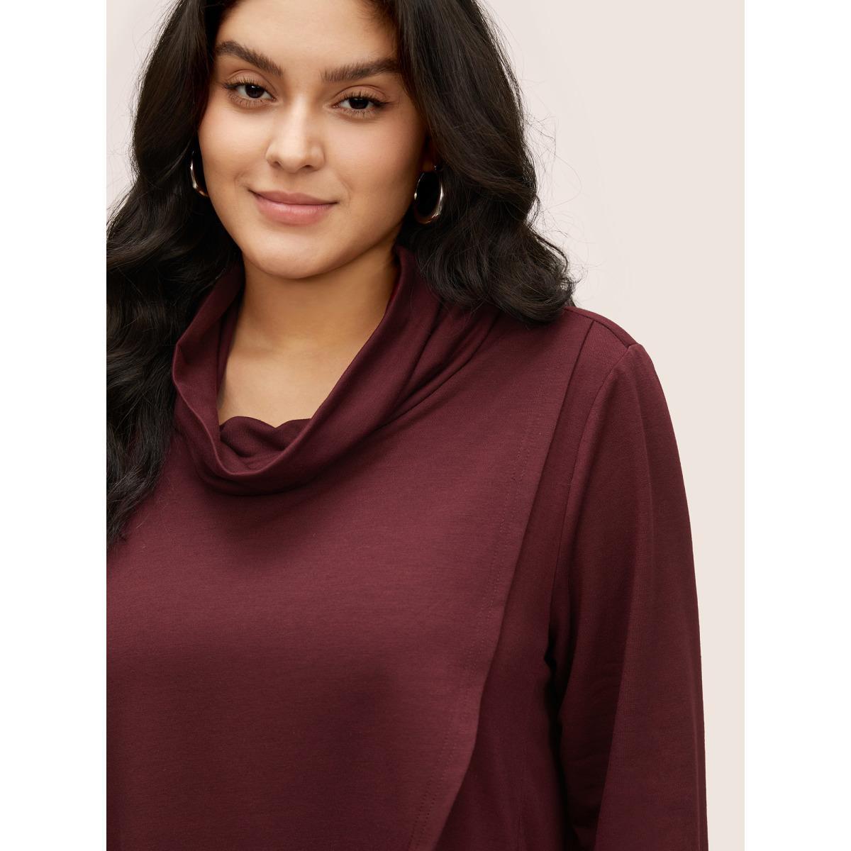 Plus Size Solid Turtleneck Pocket Wrap Hem Sweatshirt Women Burgundy Casual Non Turtleneck Everyday Sweatshirts BloomChic 26/4X Product Image