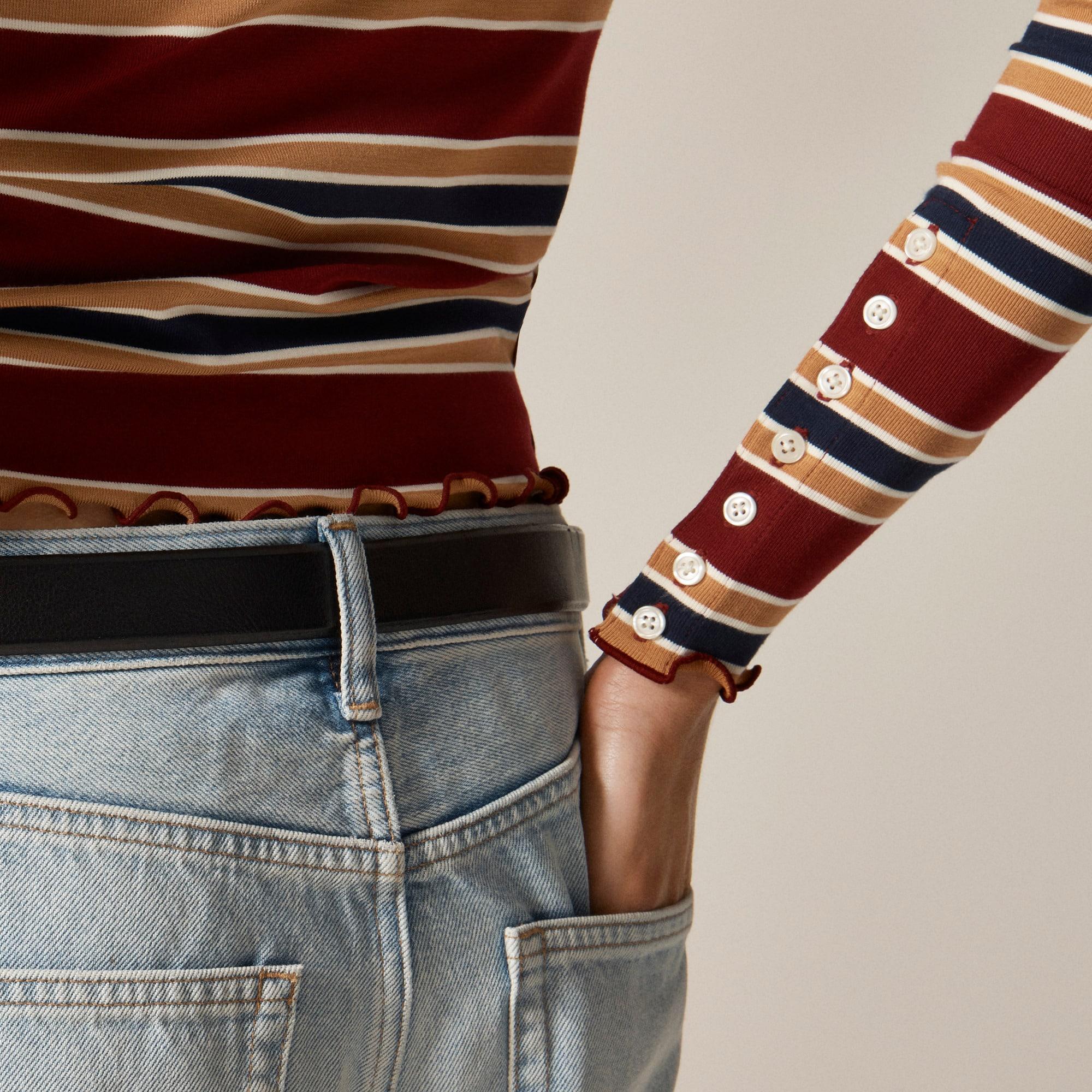 Refined rib long-sleeve T-shirt with button cuffs in stripe Product Image