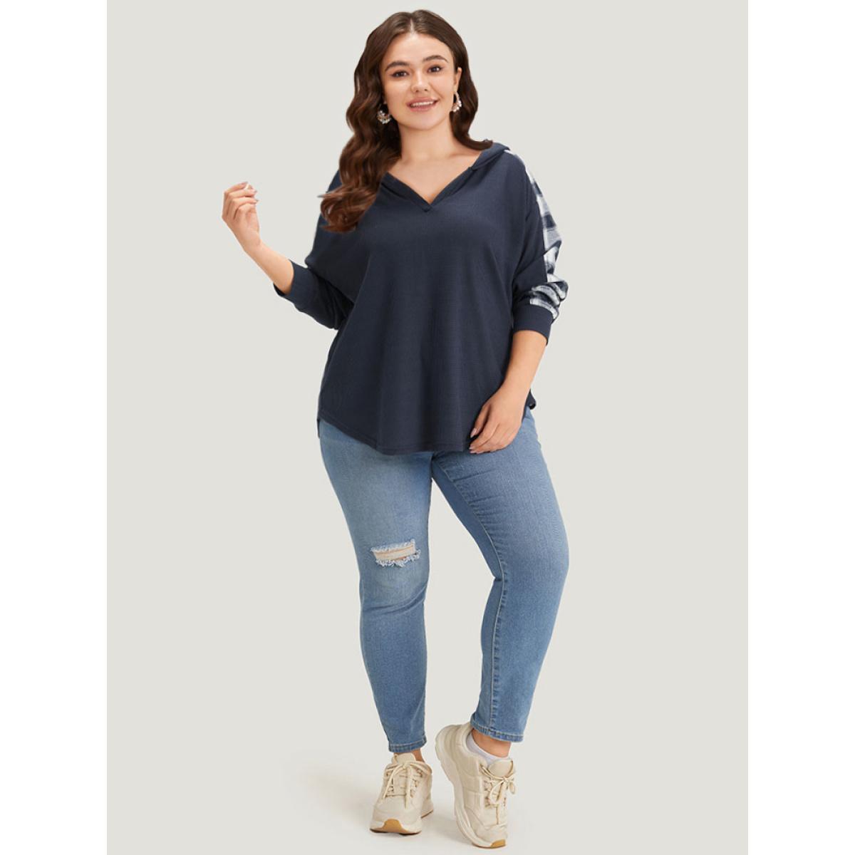 Plus Size Plaid Patchwork Hooded Plisse Sweatshirt Women Indigo Casual Elastic cuffs Hooded Everyday Sweatshirts BloomChic 28/5X Product Image