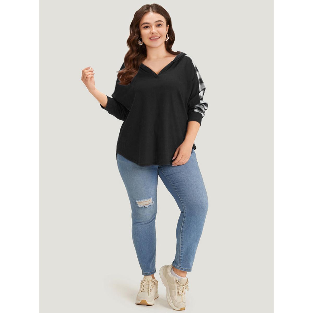 Plus Size Plaid Patchwork Hooded Plisse Sweatshirt Women Black Casual Elastic cuffs Hooded Everyday Sweatshirts BloomChic 18-20/2X Product Image