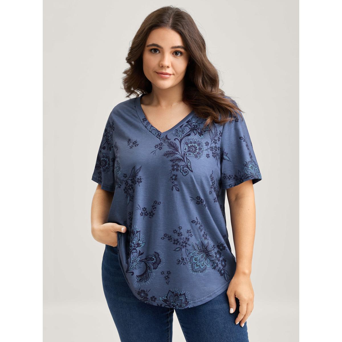 Plus Size Floral V-Neck Drapey T-Shirt Cerulean Women Non V-neck Everyday-Casual T-shirts BloomChic 28/5X Product Image