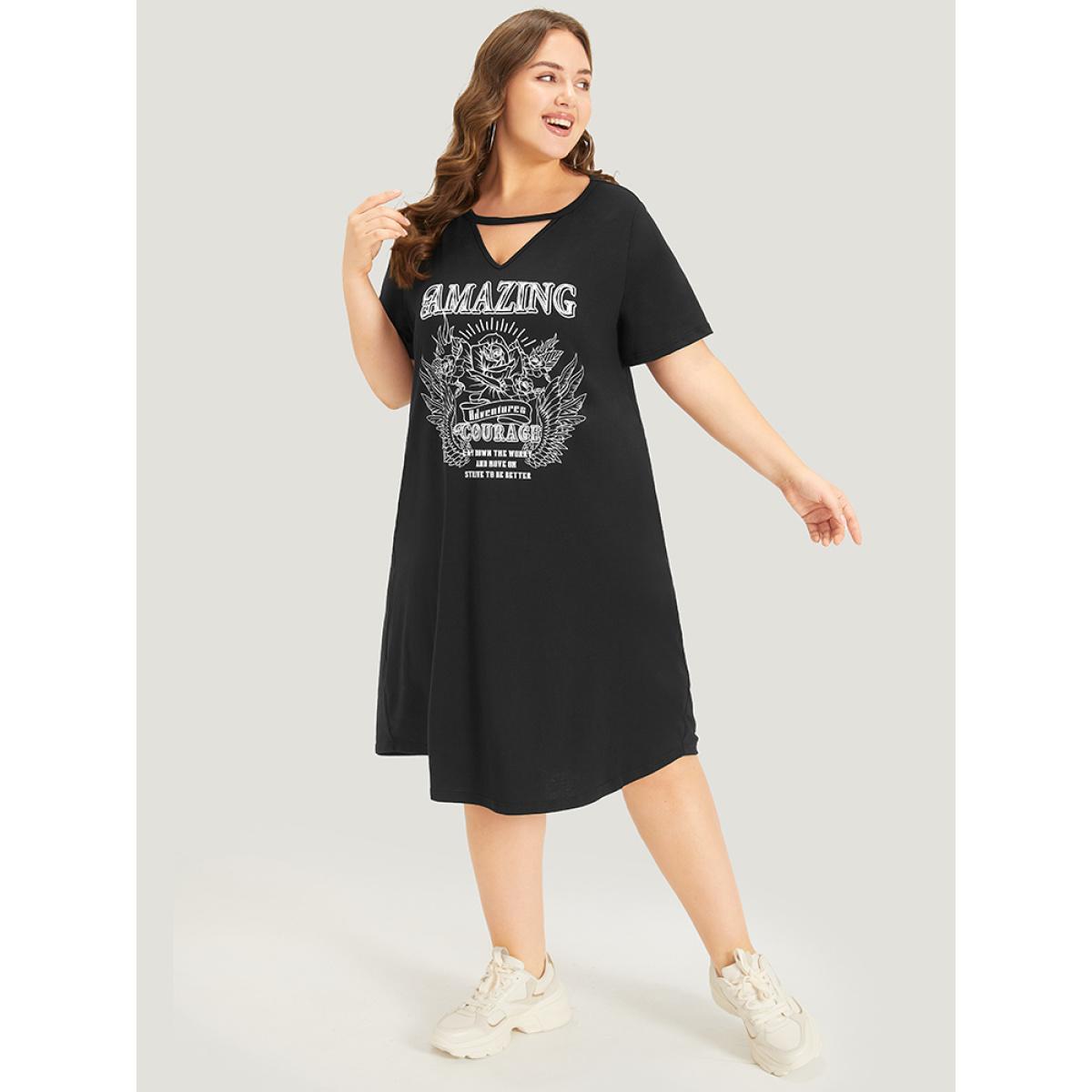 Plus Size Graphic & Letter Print Pocket Cut Out Dress Black Women Casual Plain Curvy Midi Dress BloomChic 10/M Product Image