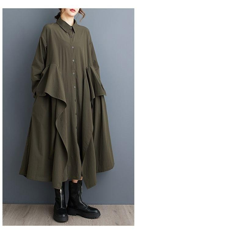 Long Sleeve Collared Plain Ruffle Midi A-Line Shirt Dress Product Image
