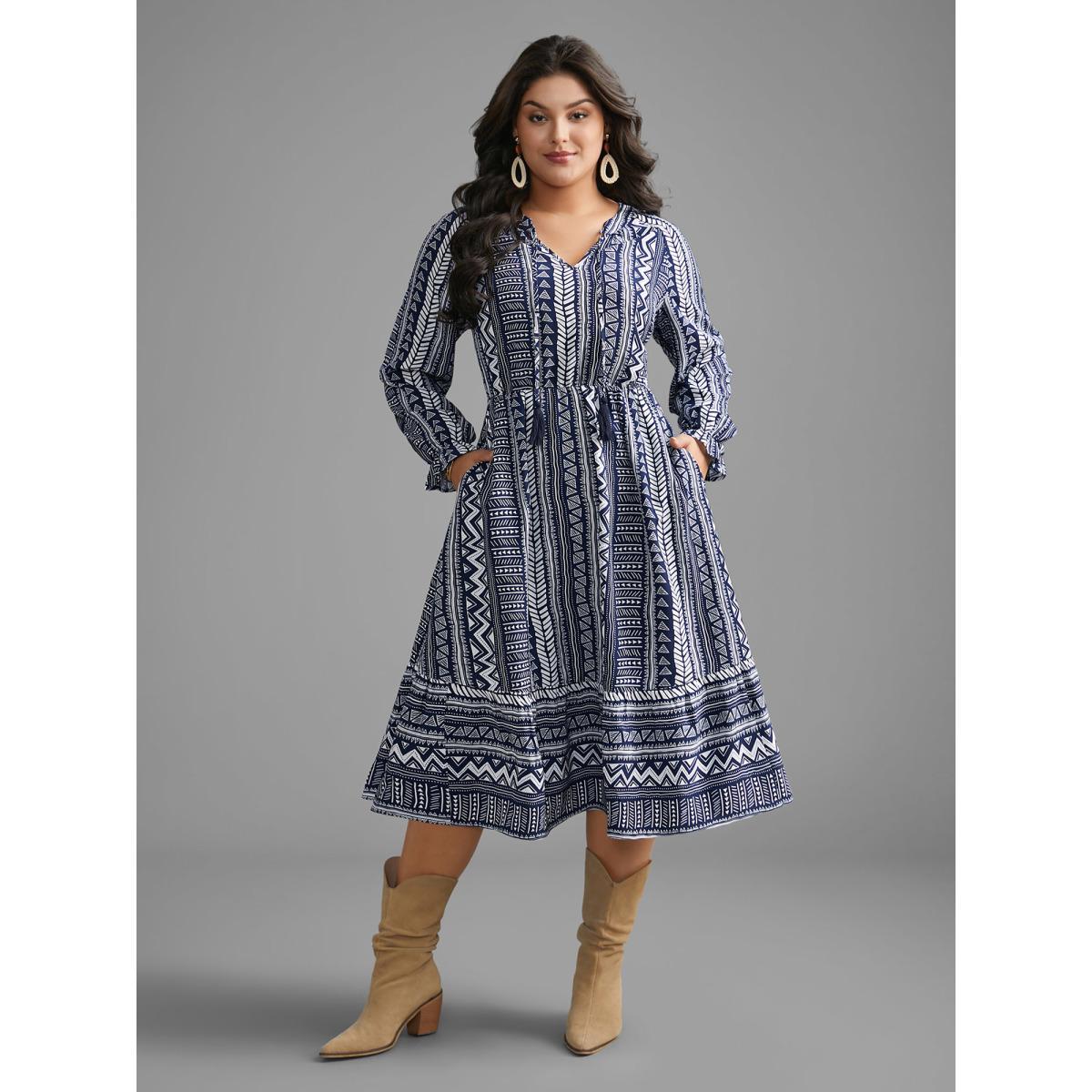 Plus Size Bandana Geometric Tassels Tie Knot Dress Indigo Women Resort Tie knot Flat collar with V-notch Long Sleeve Curvy BloomChic 28/5X Product Image