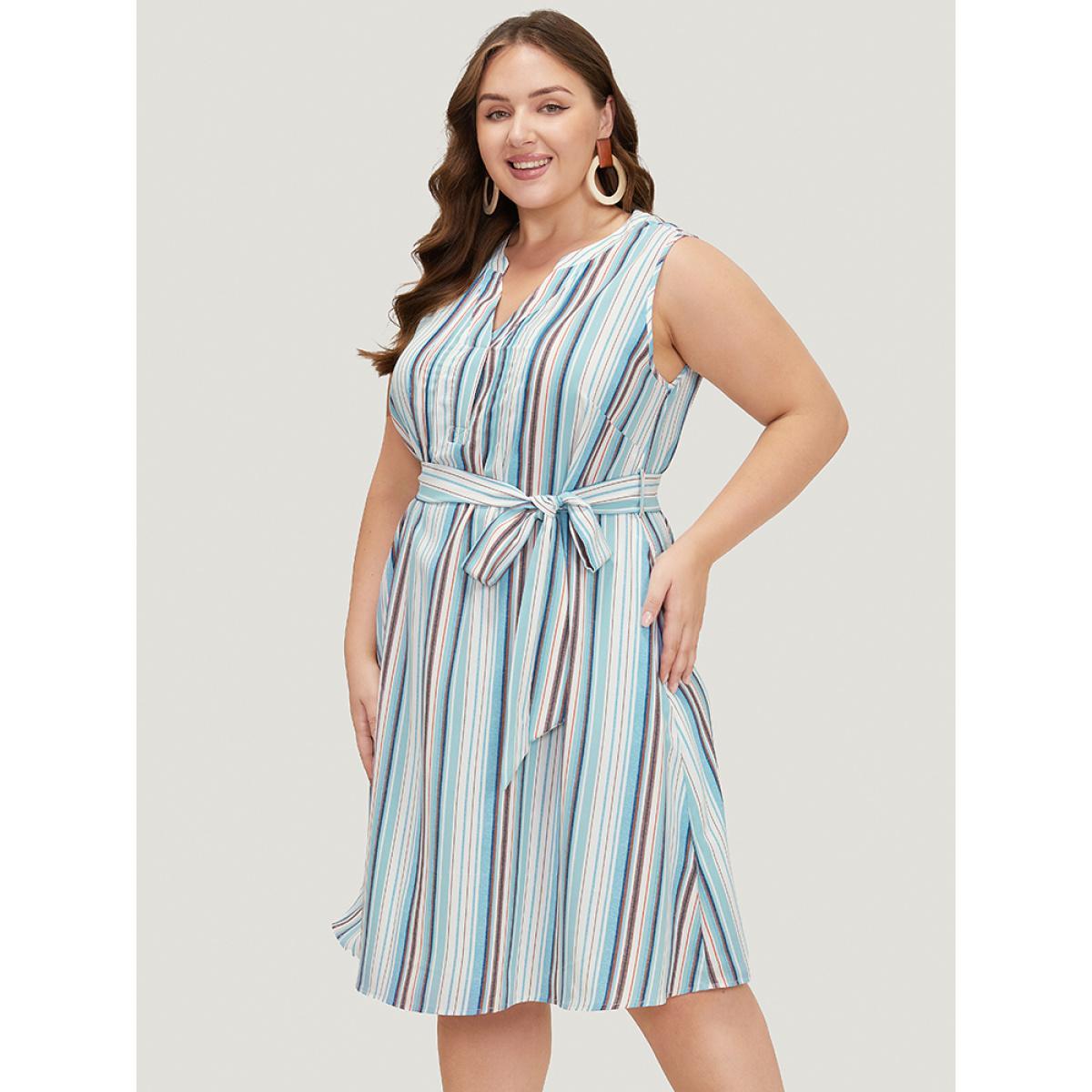 Plus Size Striped Contrast Belted Pocket Notched Tank Dress LightBlue Women Casual Contrast Notched collar Sleeveless Curvy Midi Dress BloomChic 14-16/1X Product Image