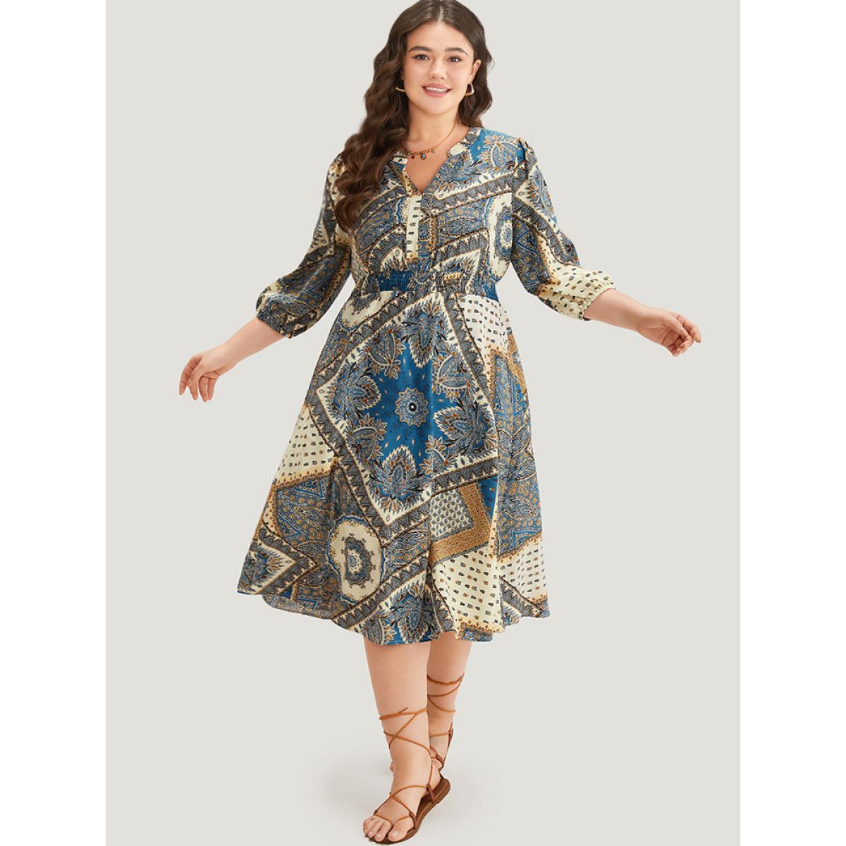Plus Size Bandana Print Notched Lantern Sleeve Dress Cerulean Women Vacation Elastic cuffs Notched collar Elbow-length sleeve Curvy Midi Dress BloomChic 28/5X Product Image