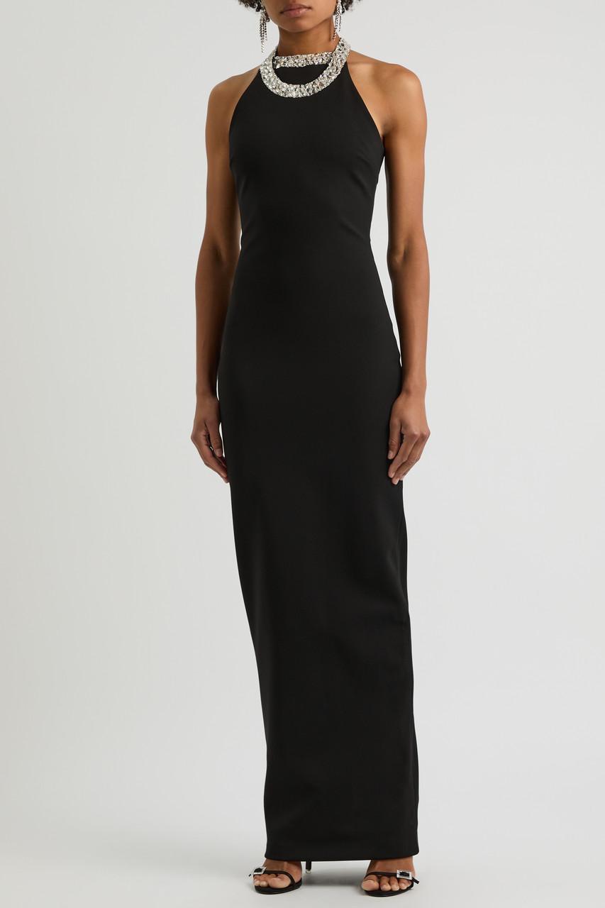 BALMAIN Faux Pearl-embellished Halterneck Velvet Gown In Black Product Image