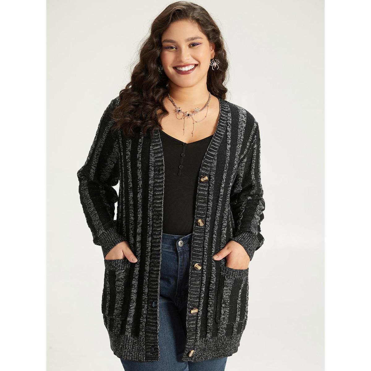 Plus Size Halloween Striped Patched Pocket Button Up Cardigan Black Women Casual Loose Long Sleeve Festival-Halloween Cardigans BloomChic 30/6X Product Image