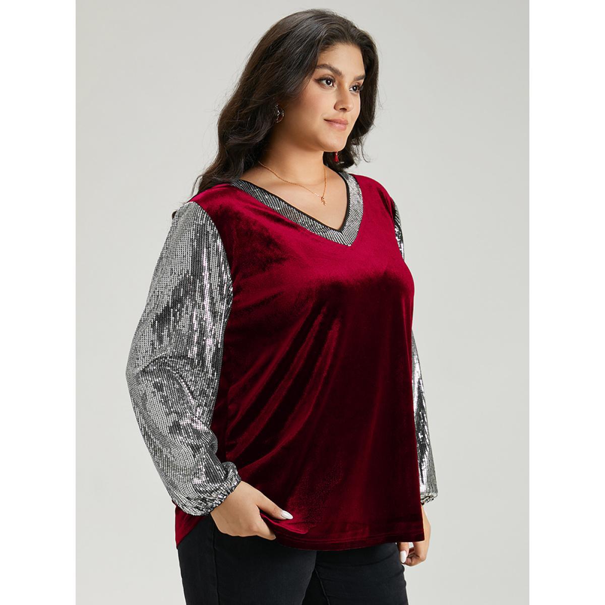 Plus Size Sequin Patchwork V Neck Lantern Sleeve Sweatshirt Women Red Cocktail Elastic cuffs V-neck Party Sweatshirts BloomChic 28/5X Product Image
