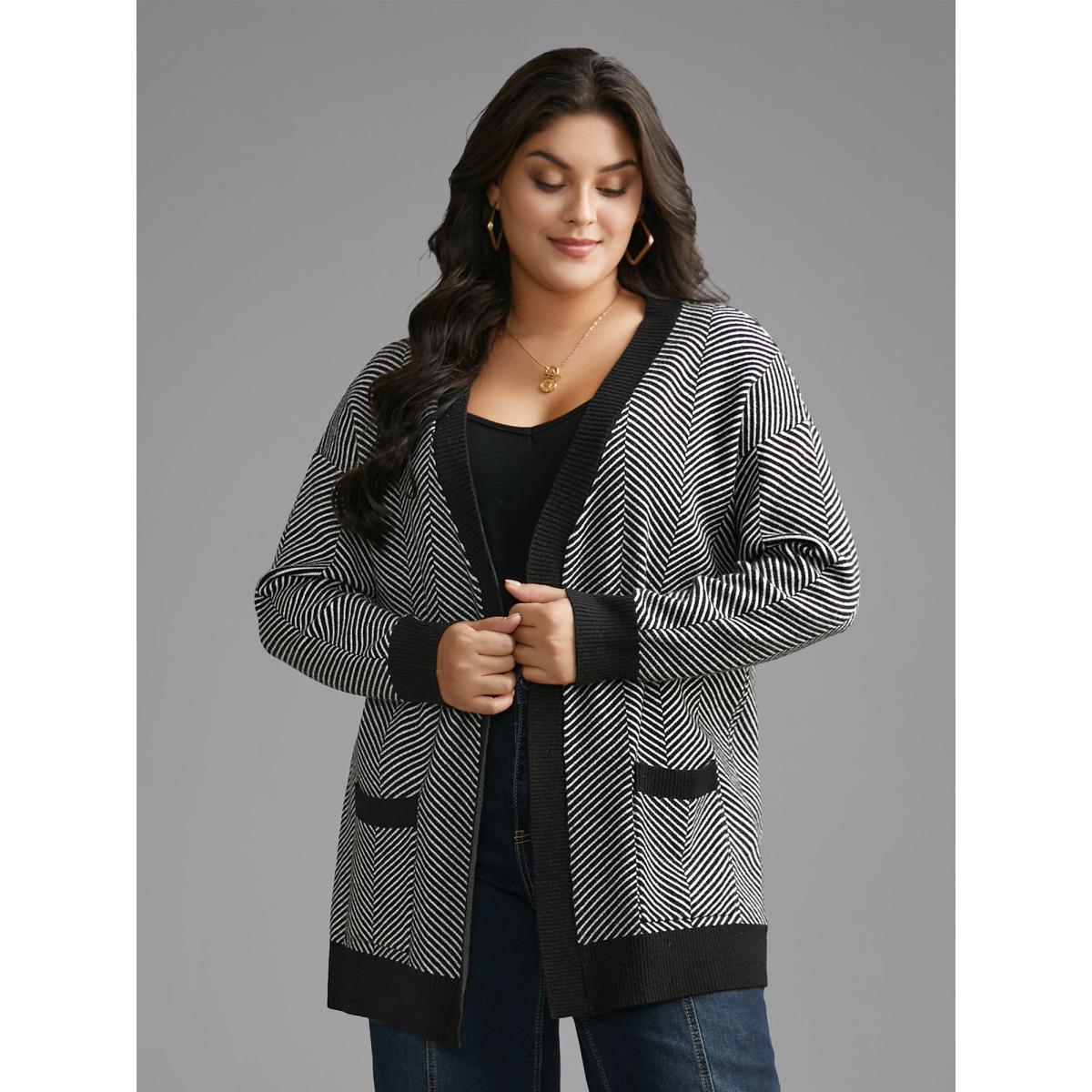 Plus Size Supersoft Essentials Striped Patch Pocket Cardigan Black Women Casual Loose Long Sleeve Everyday Cardigans BloomChic 10/M Product Image