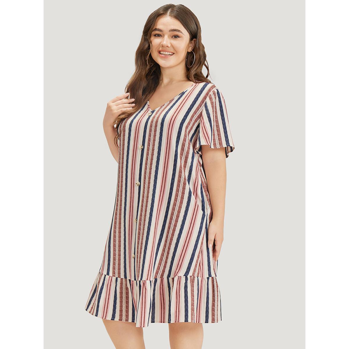 Plus Size Striped Button Detail Pocket Ruffle Hem Dress Multicolor Women Vacation Gathered V-neck Short sleeve Curvy Knee Dress BloomChic 28/5X Product Image