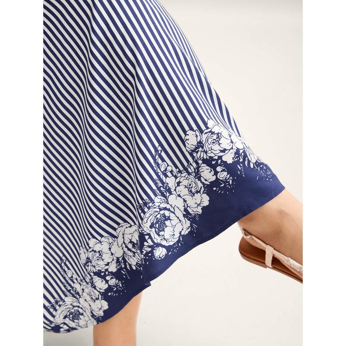 Plus Size Stripes Cinched-Waist Floral Hem Maxi Dress DarkBlue Women V-neck Sleeveless Curvy BloomChic 14-16/1X Product Image