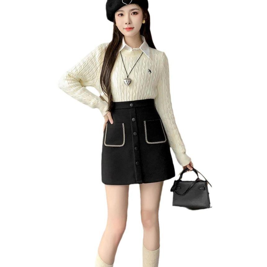 High Waist Embroidered Button Mini A-Line Skirt Product Image