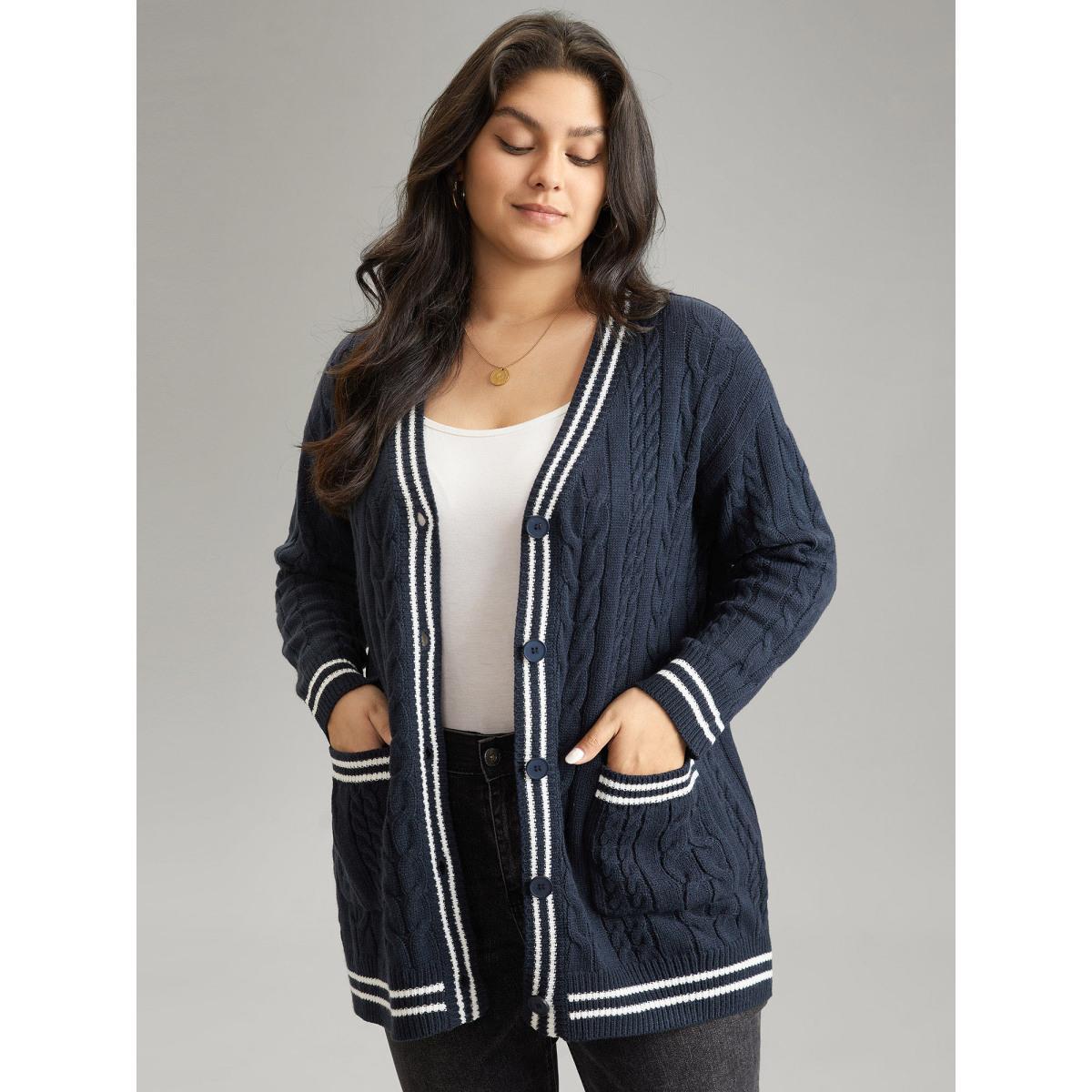 Plus Size Cable Knit Contrast Striped Button Through Cardigan Midnight Women Casual Loose Long Sleeve Dailywear Cardigans BloomChic 30/6X Product Image