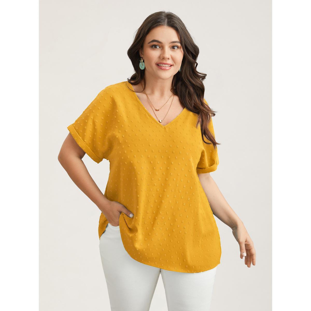 Plus Size Turmeric Back-Button Textured V-Neck Shirt Women Elegant Short sleeve V-neck Everyday Blouses BloomChic 26/4X Product Image