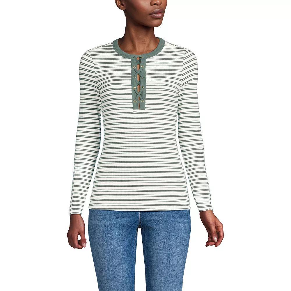 Women's Lands' End Polished Rib Tie Henley Top, Size: Medium, Green Dual Stripe Product Image