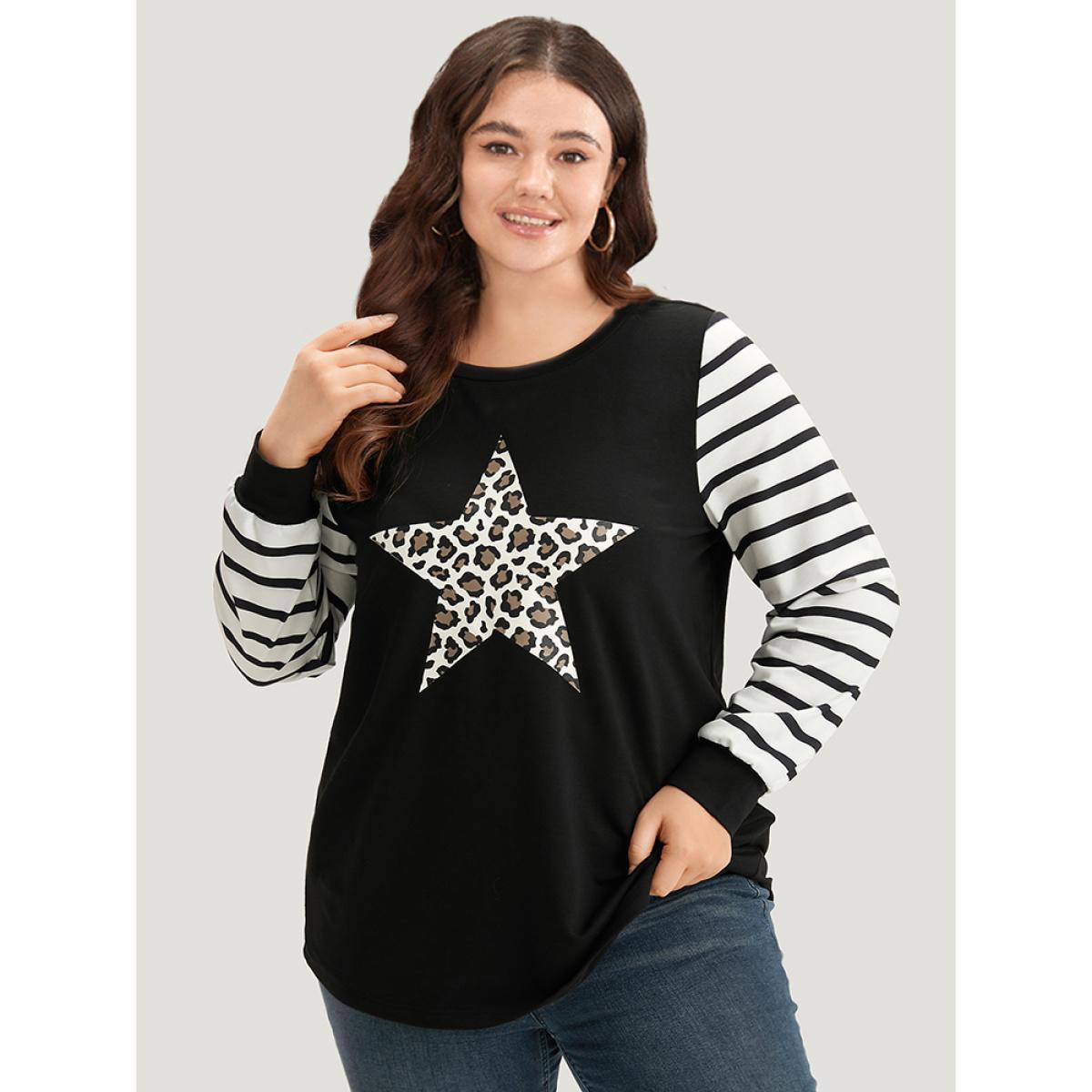 Plus Size Star Leopard Print Striped Patchwork Crew Neck Sweatshirt Women Black Casual Elastic cuffs Dailywear Sweatshirts BloomChic 14-16/1X Product Image