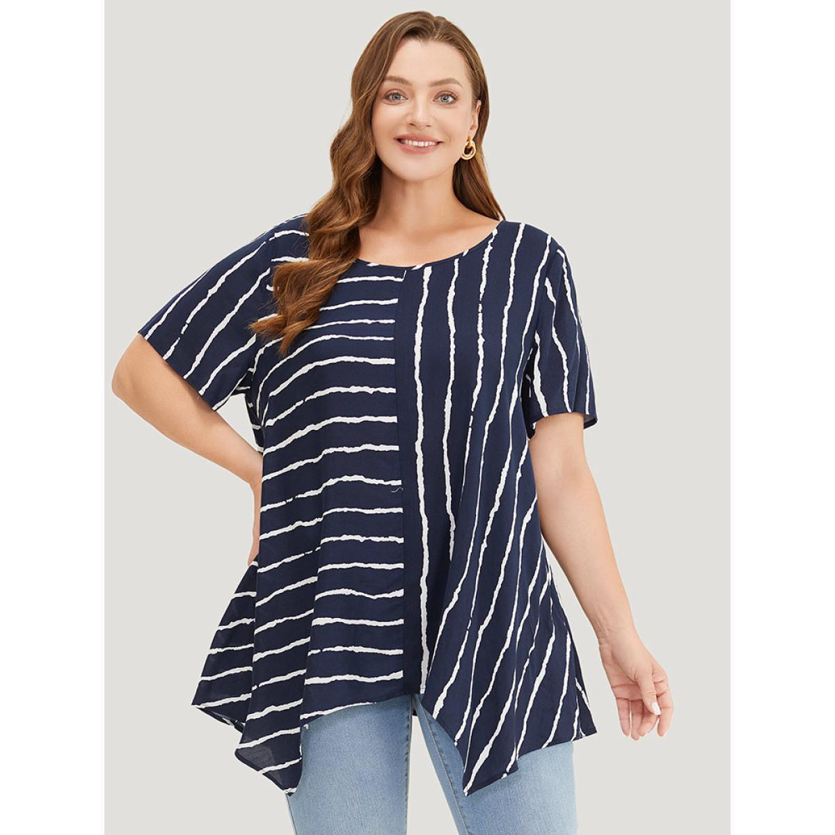 Plus Size Indigo Striped Patchwork Hanky Hem Blouse Women Office Short sleeve Round Neck Dailywear Blouses BloomChic 18-20/2X Product Image