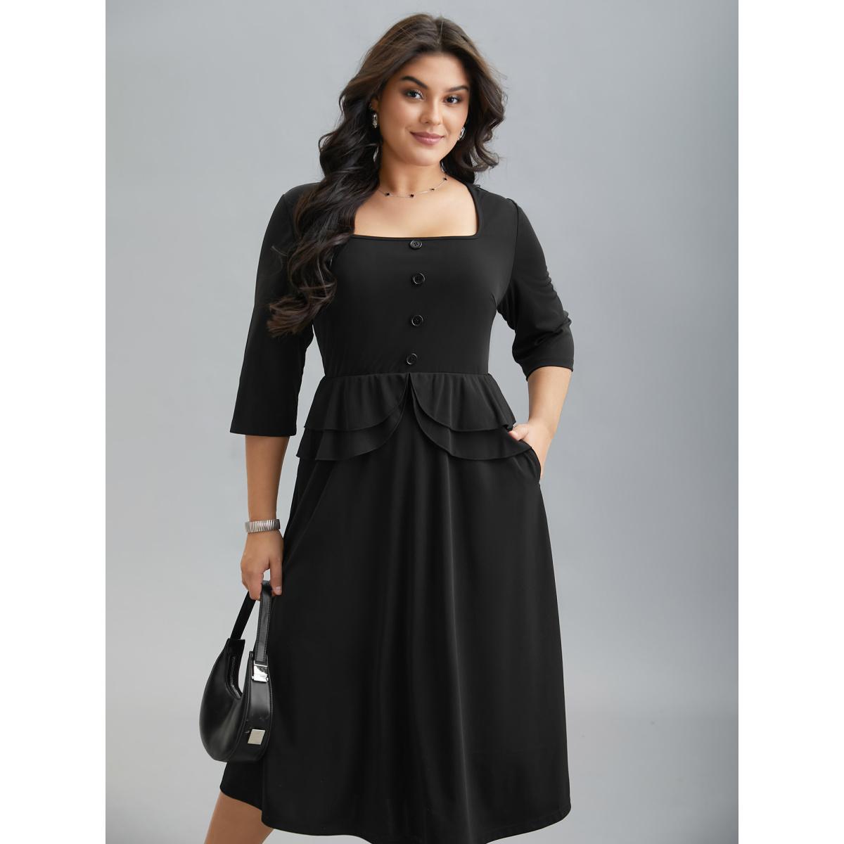 Plus Size Ruffle Trim Button Front Midi Dress Black Women At the Office Button Square Neck Elbow-length sleeve Curvy BloomChic 28/5X Product Image
