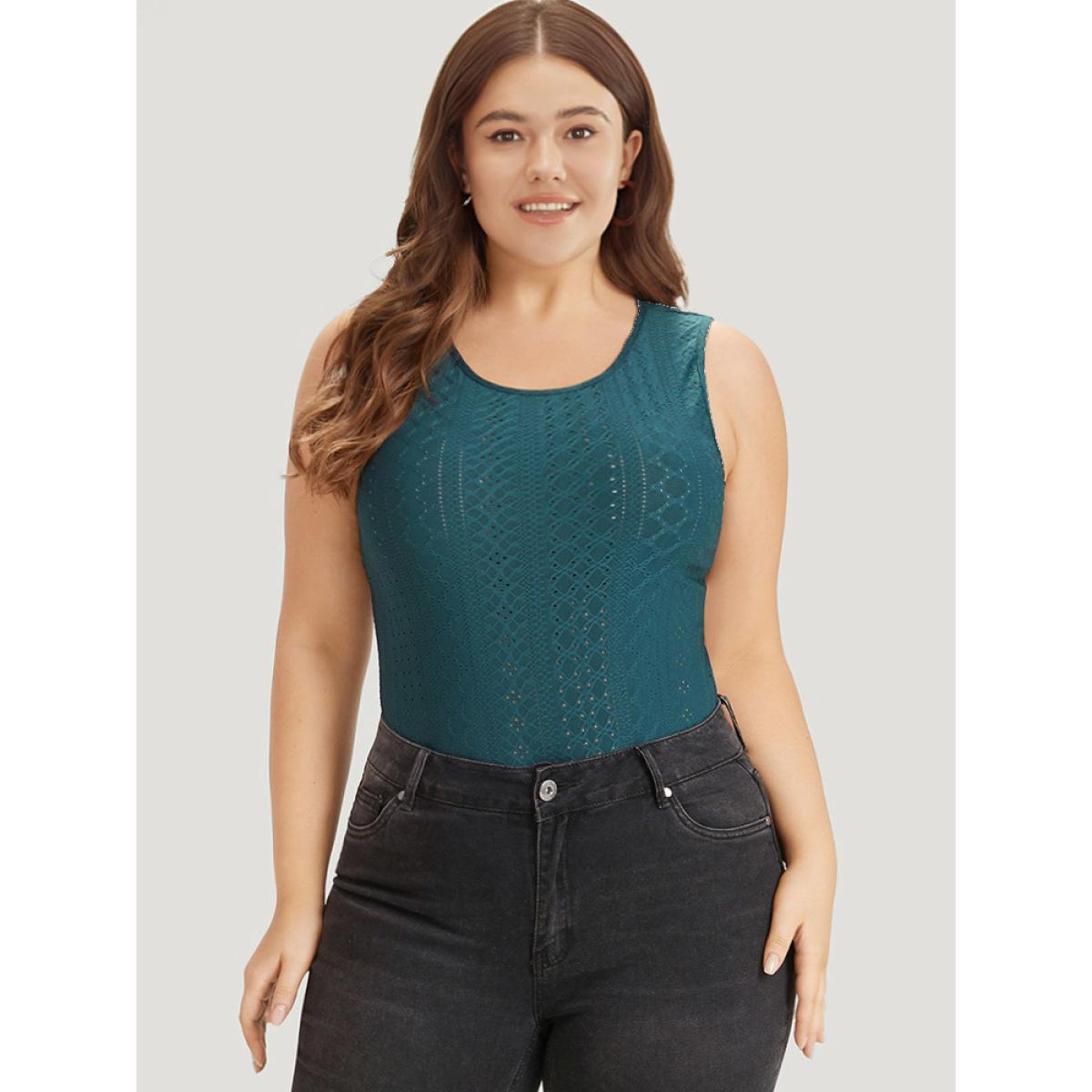 Plus Size Plain Patchwork Broderie Anglaise Tank Bodysuit Women Cyan Plain Broderie anglaise Bodysuits BloomChic 10/M Product Image