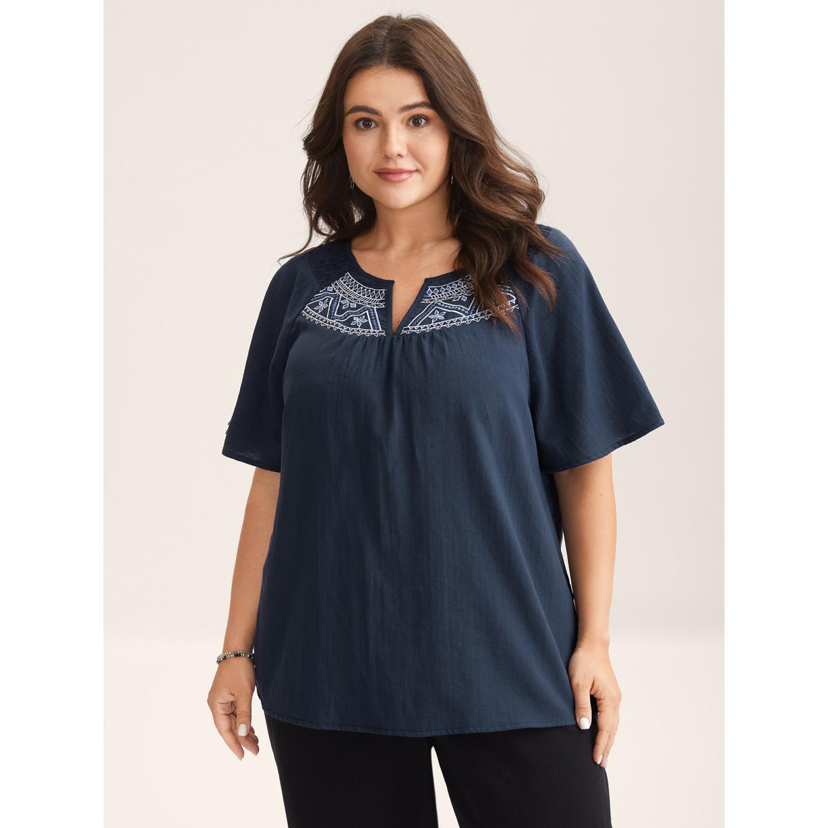 Plus Size Indigo Cotton Boho Embroidered Neck Shirred Shoulder Blouse Women Half Sleeve Notched collar Vacation Blouses BloomChic 12/L Product Image