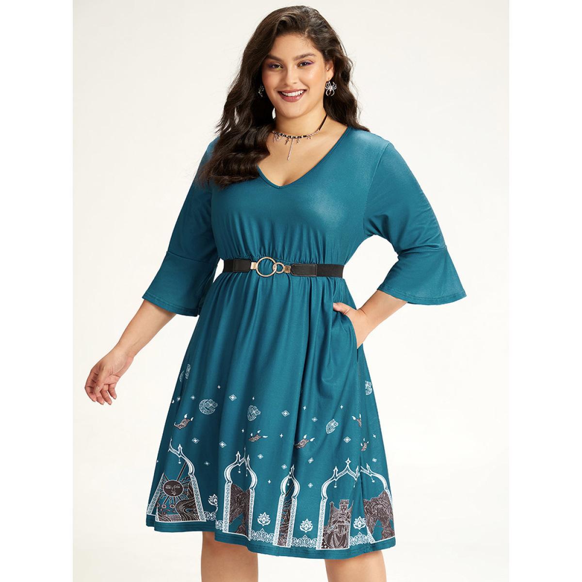 Plus Size Halloween Graphic Pocket Ruffle Trim Gathered Dress Emerald Women Casual Printed V-neck Elbow-length sleeve Curvy Midi Dress BloomChic 18-20/2X Product Image