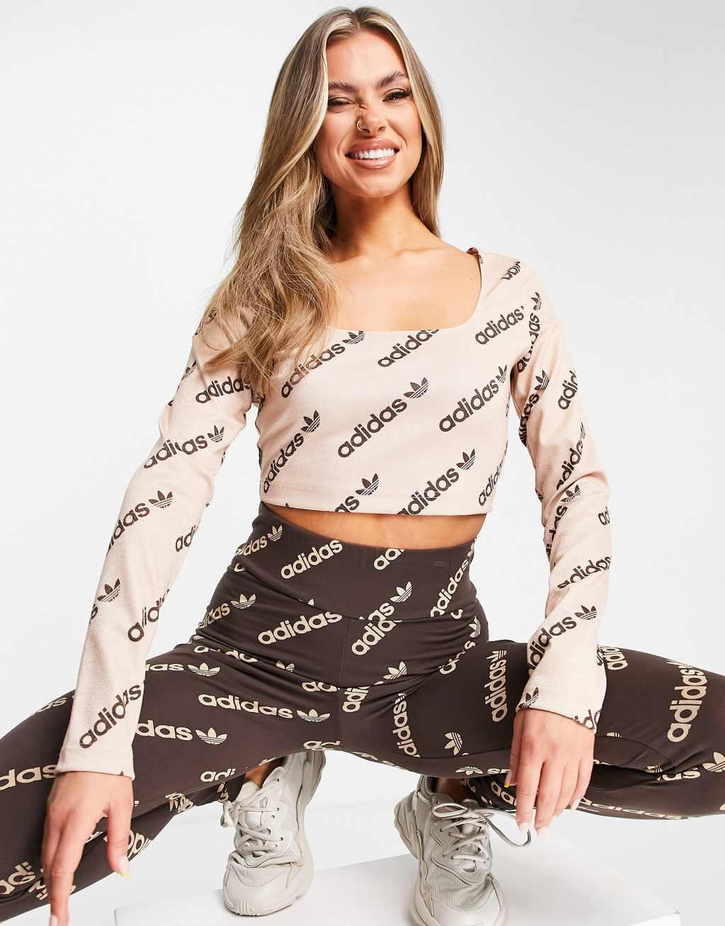 adidas Originals Logomania repeat logo long sleeve cropped top Product Image