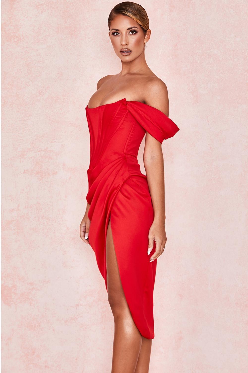 Loretta Red Satin Off Shoulder Dress Product Image