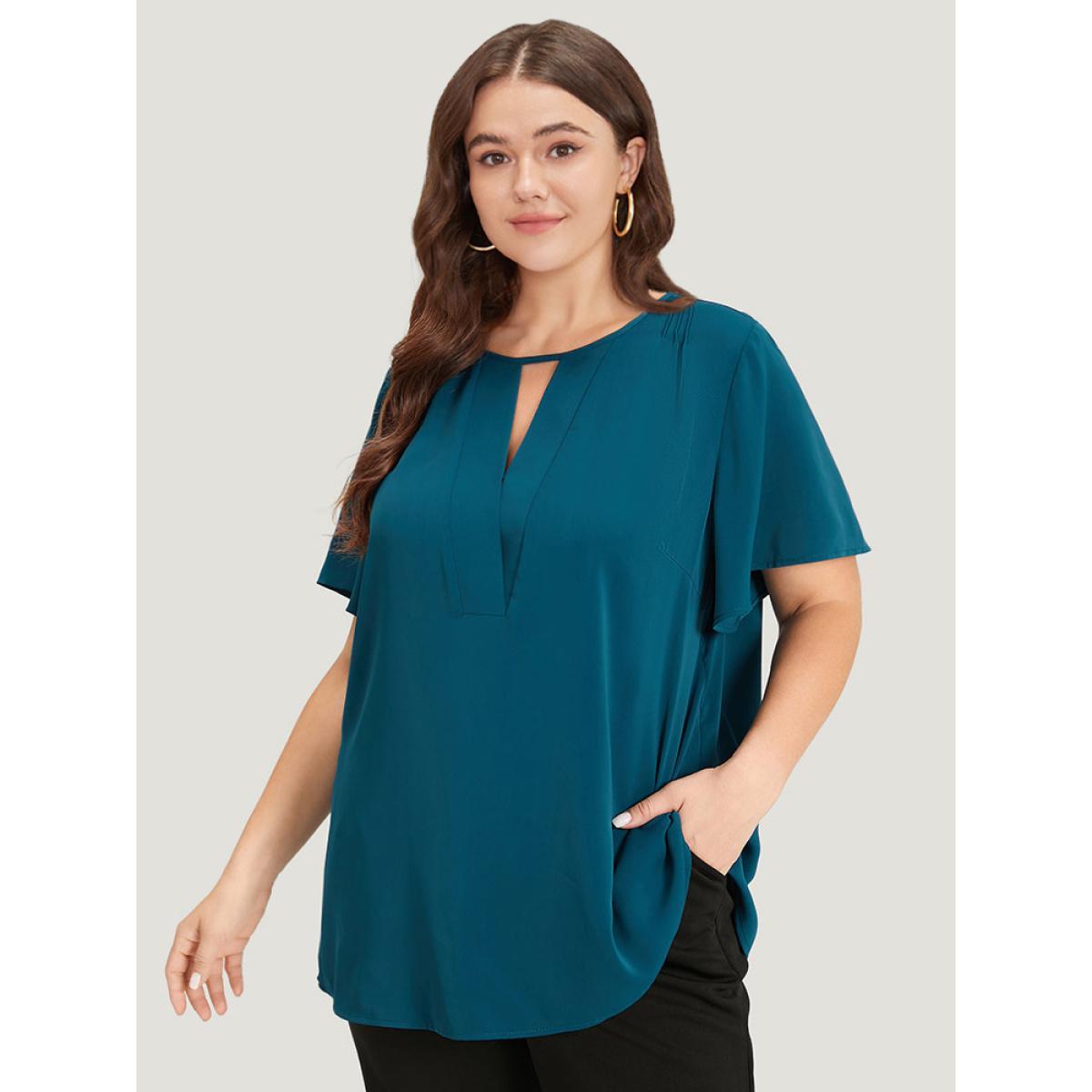 Plus Size Cyan Plain Cut Out Flutter Sleeve Pleated Blouse Women Office Short sleeve V-neck Work Blouses BloomChic 10/M Product Image