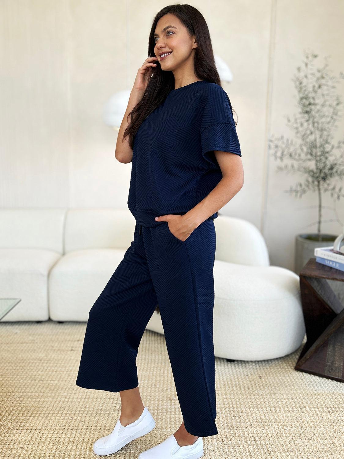 Double Take Full Size Texture Short Sleeve Top and Pants Set Product Image