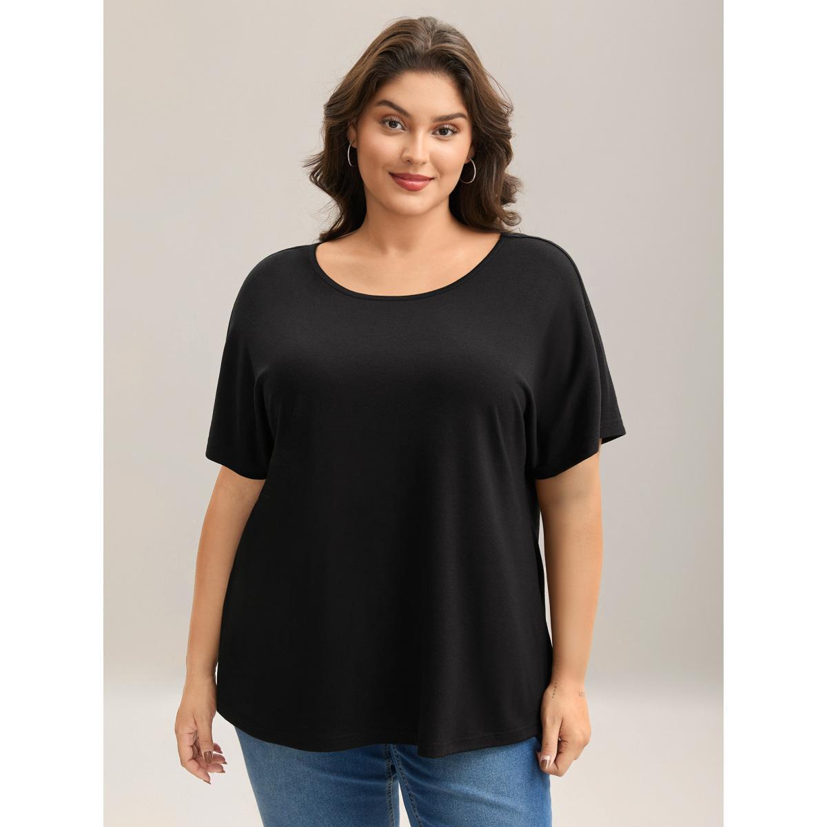 Plus Size Backless Knotted Plain T-Shirt Black Women Twist Round Neck Everyday-Casual T-shirts BloomChic 12/L Product Image